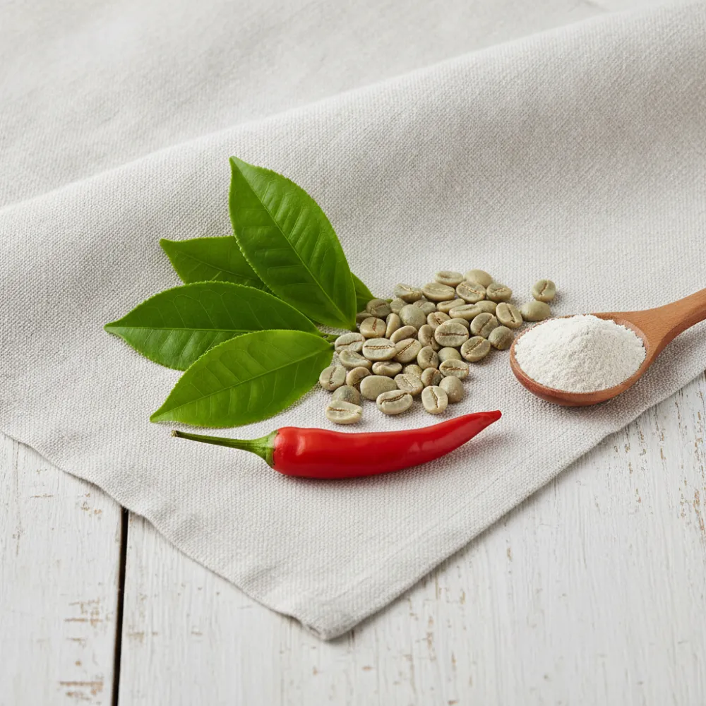 Composition de Glyvera : thé vert, café vert, capsaïcine et chrome pour glycémie et métabolisme