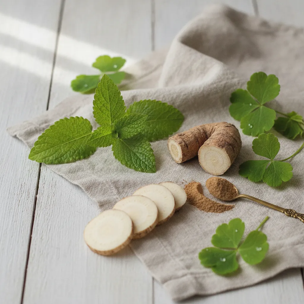 Plantes de la composition de Lioria : igname, ashwagandha, mélisse et alchémille pour la ménopause