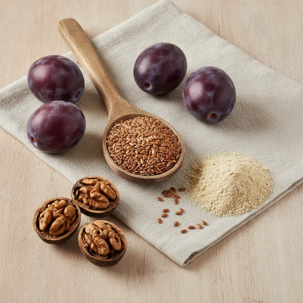 Composition d'Omnipurge : graines de lin, psyllium, prunes et noix pour le transit intestinal